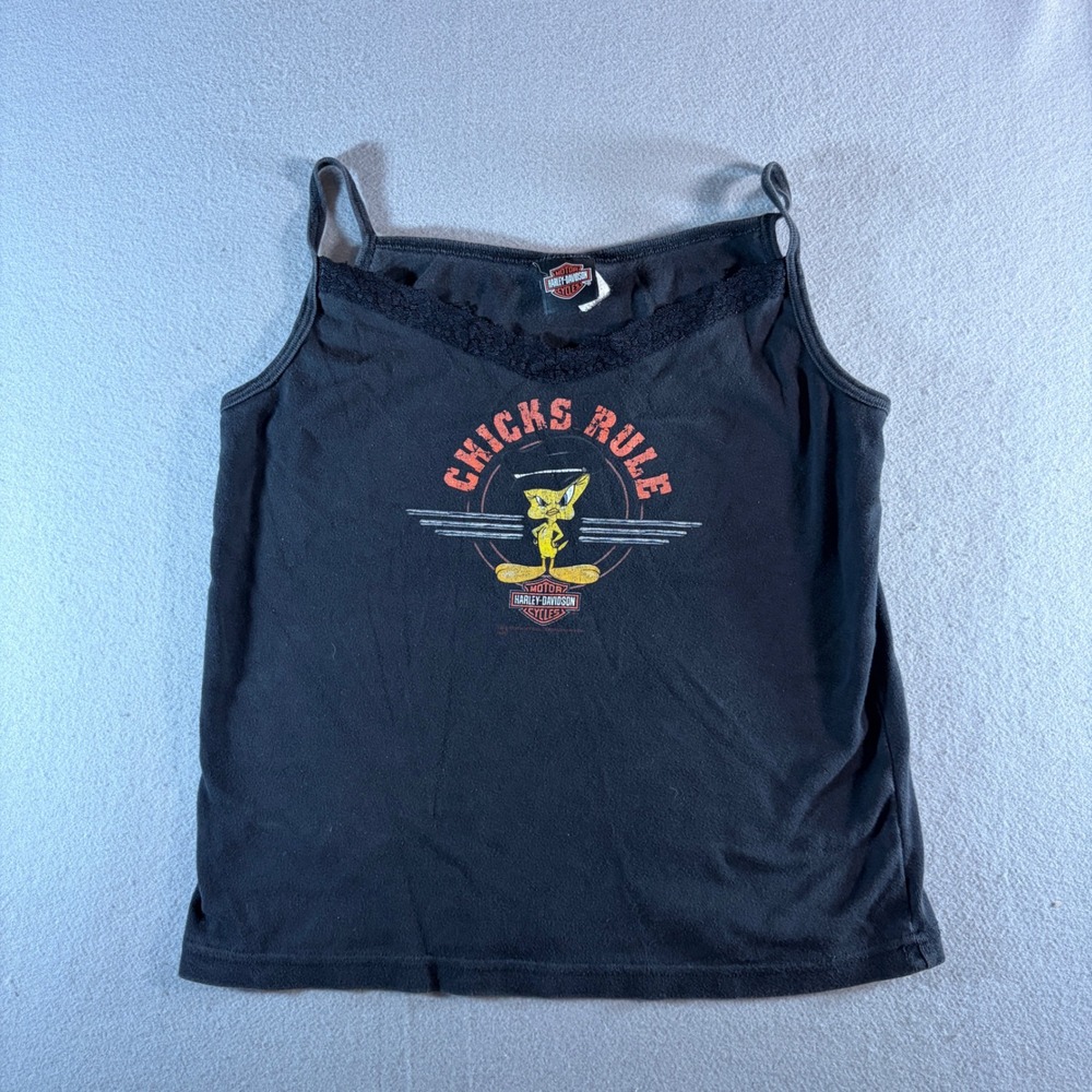 Harley-Davidson Womens XL Black Tweety Bird Chicks Rule Cami‎ Tank Top Lace Trim